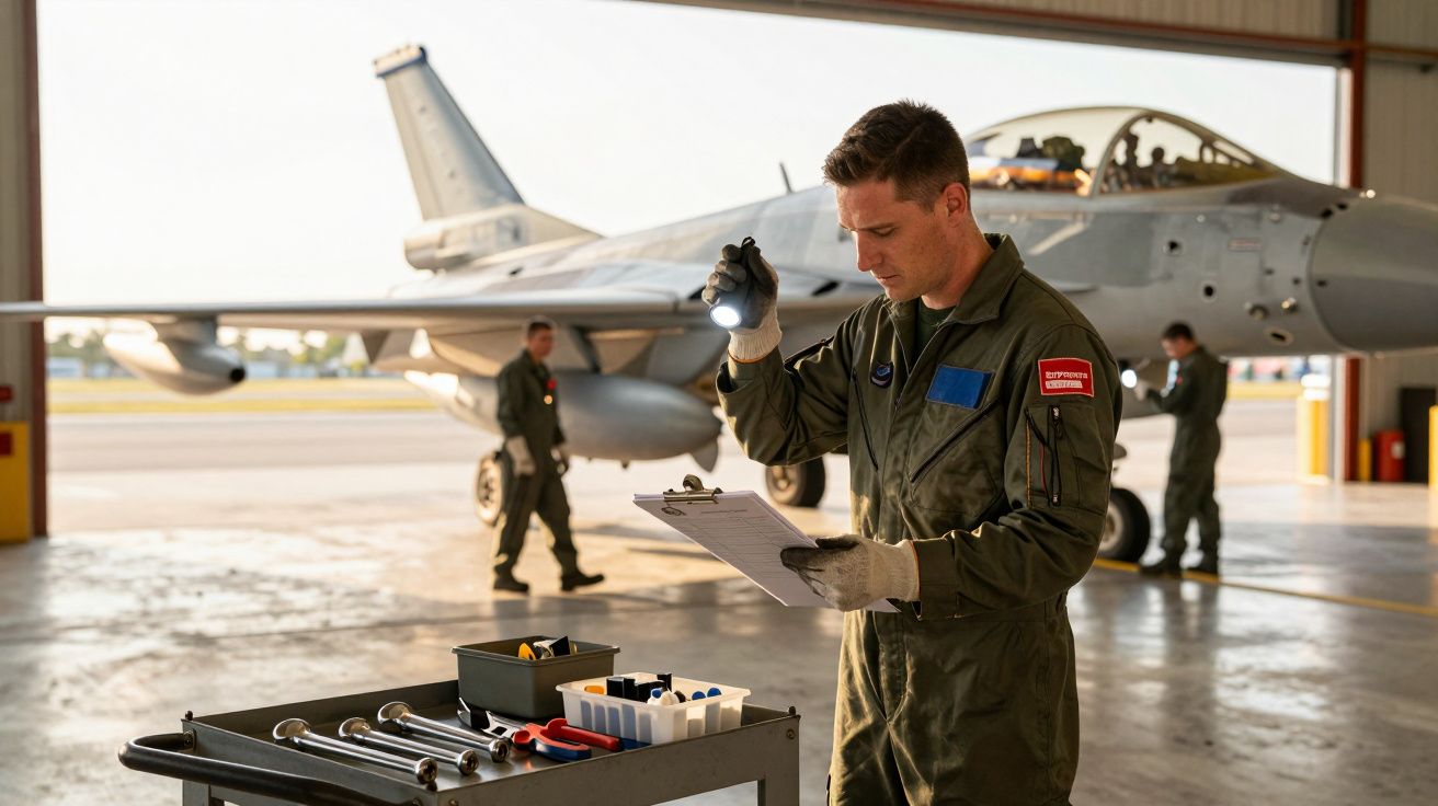 Tehnician militar inspectează un F-16 într-un hangar, cu o lanternă și o fișă de verificare.