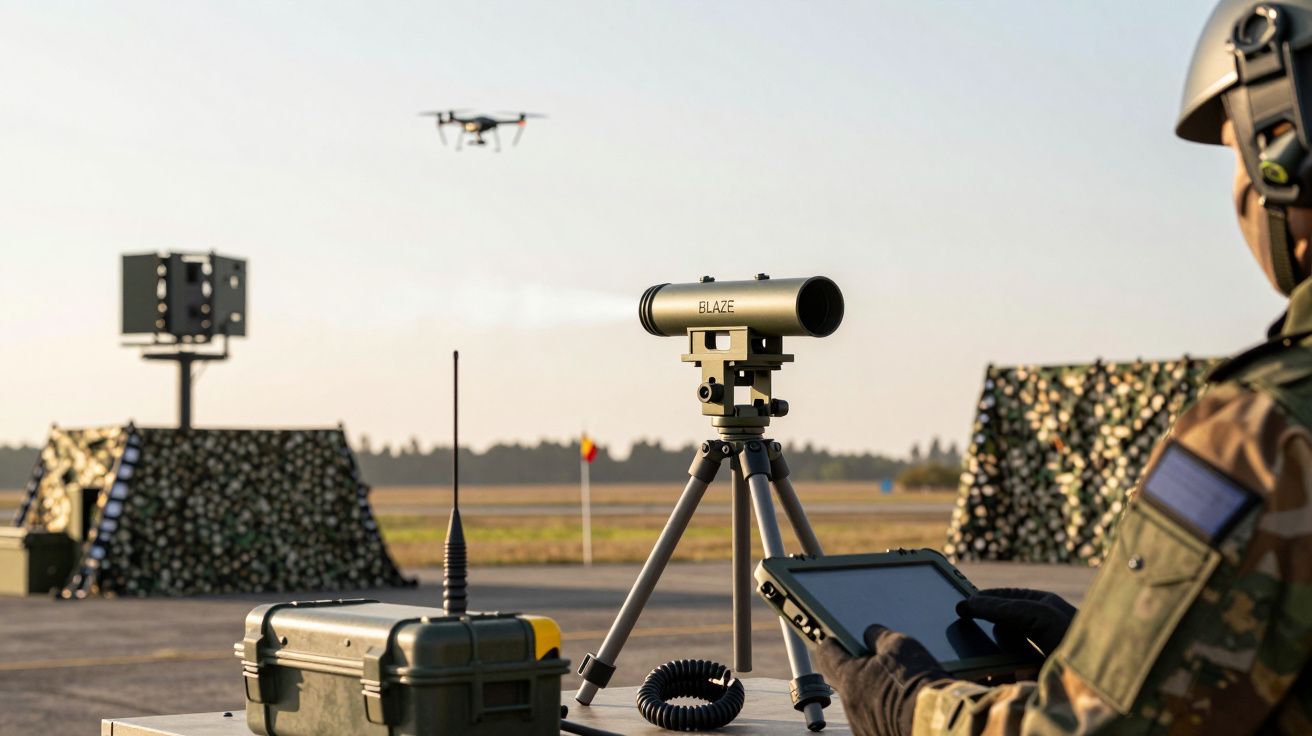 Soldat monitorizând un vehicul aerian fără pilot cu echipament tehnologic pe un câmp de antrenament militar.