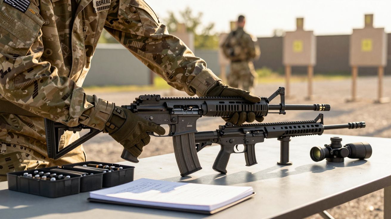 Soldat în uniformă camuflată asamblând pușcă pe o masă, cu muniție și lunetă în apropiere, la un poligon de tragere.