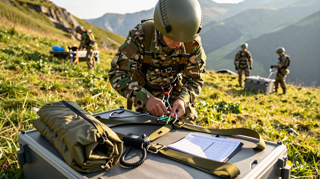 Soldat în uniformă camuflaj montează echipament pe o cutie metalică în munți, cu alți soldați în fundal.