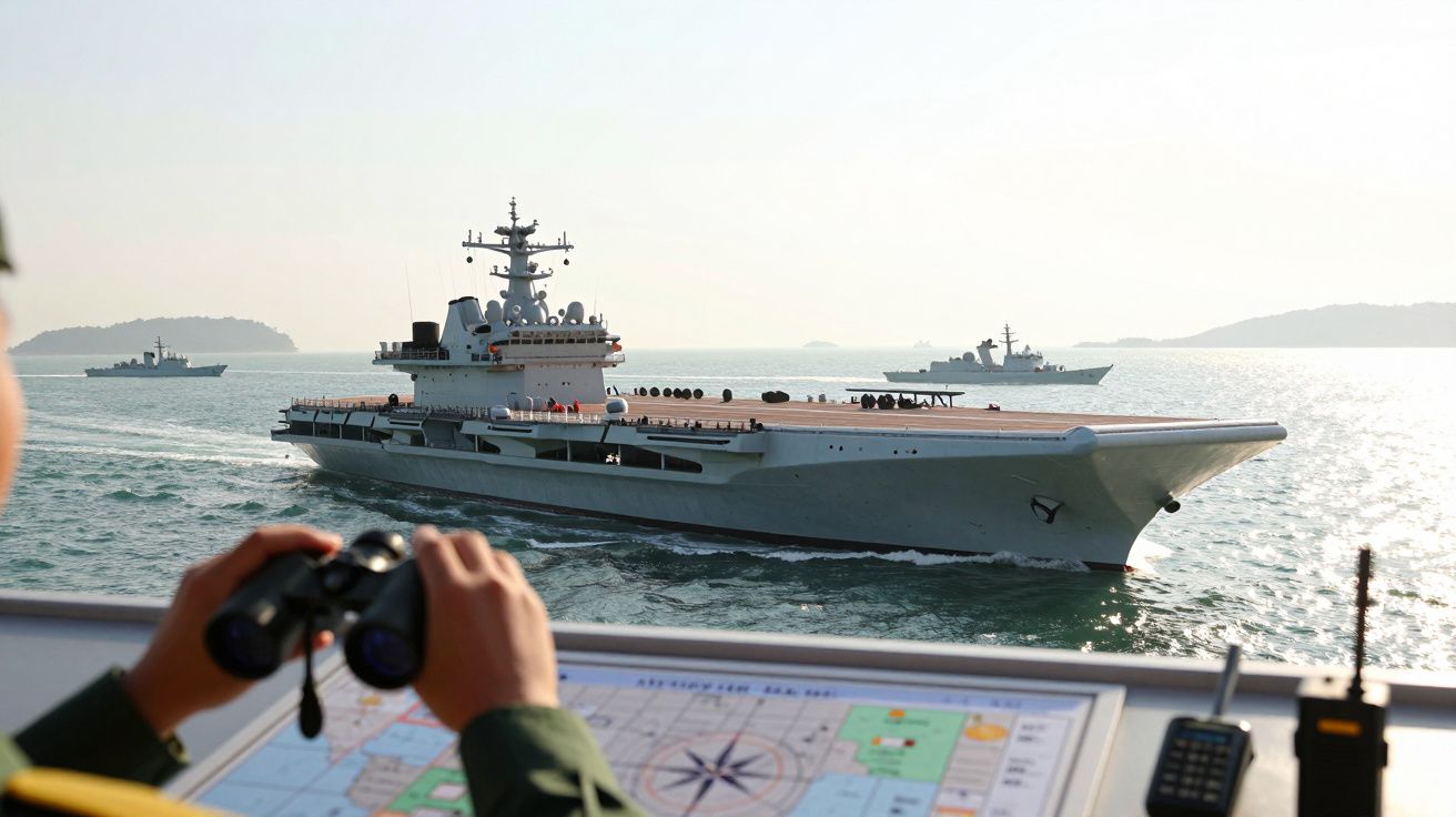 Vedere de pe puntea unei nave asupra unui portavion și câteva nave de război pe mare.