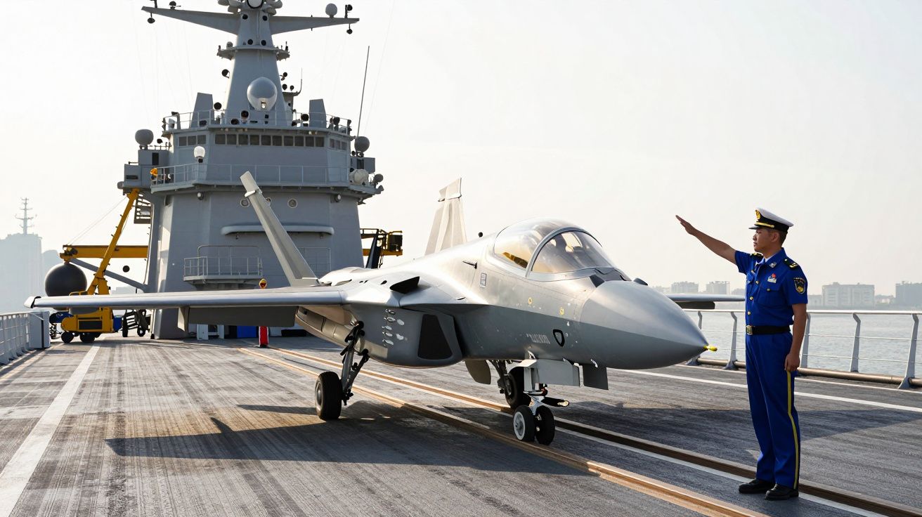 Avion de luptă pe puntea unui portavion, cu un ofițer salutând lângă el.