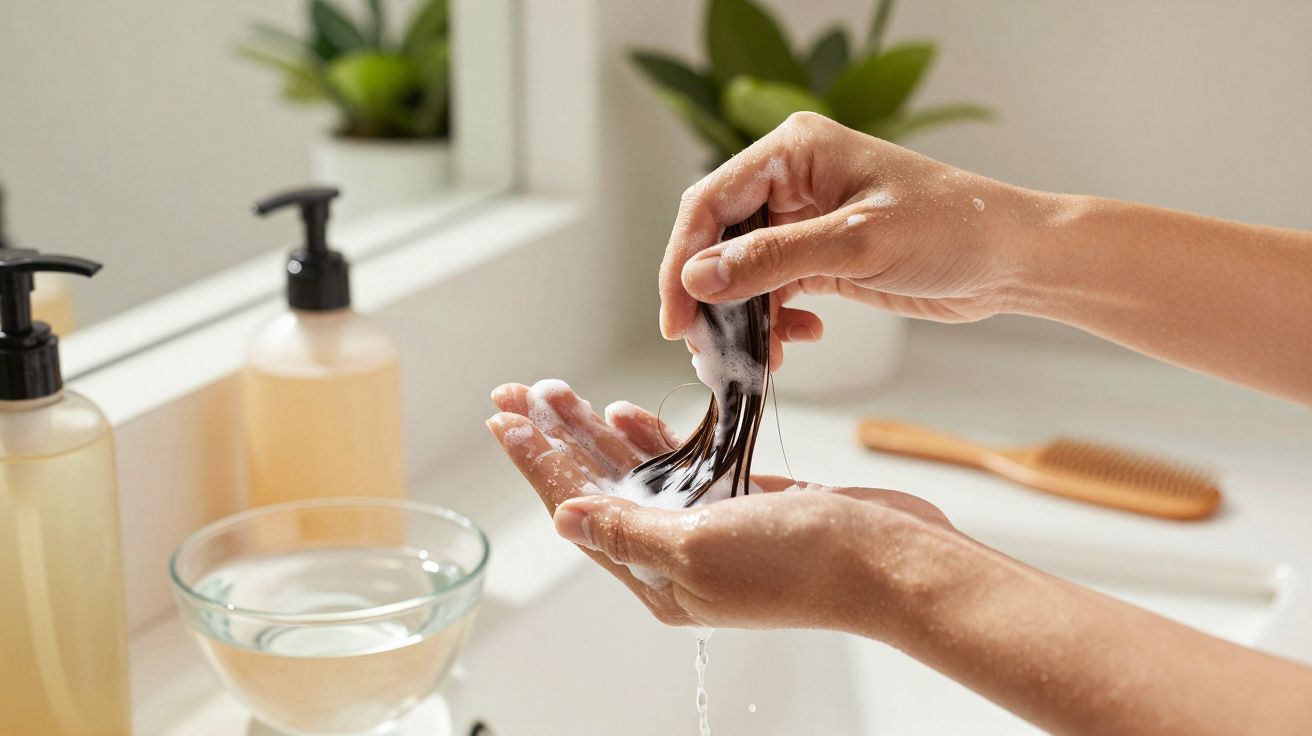 Mâini spălând păr cu șampon într-o baie, alături de produse de îngrijire și un pieptene.