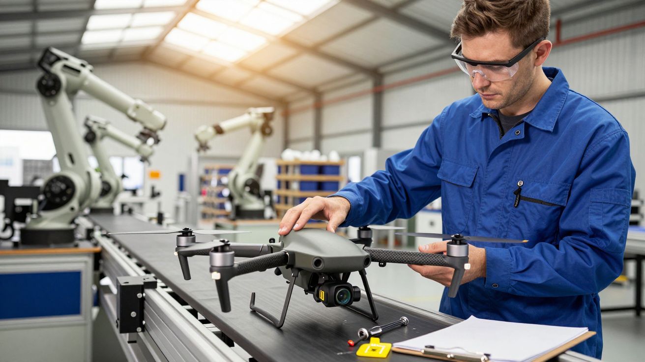 Tehnician în halat albastru lucrând la un dronă pe un banc de lucru, într-o fabrică modernă.