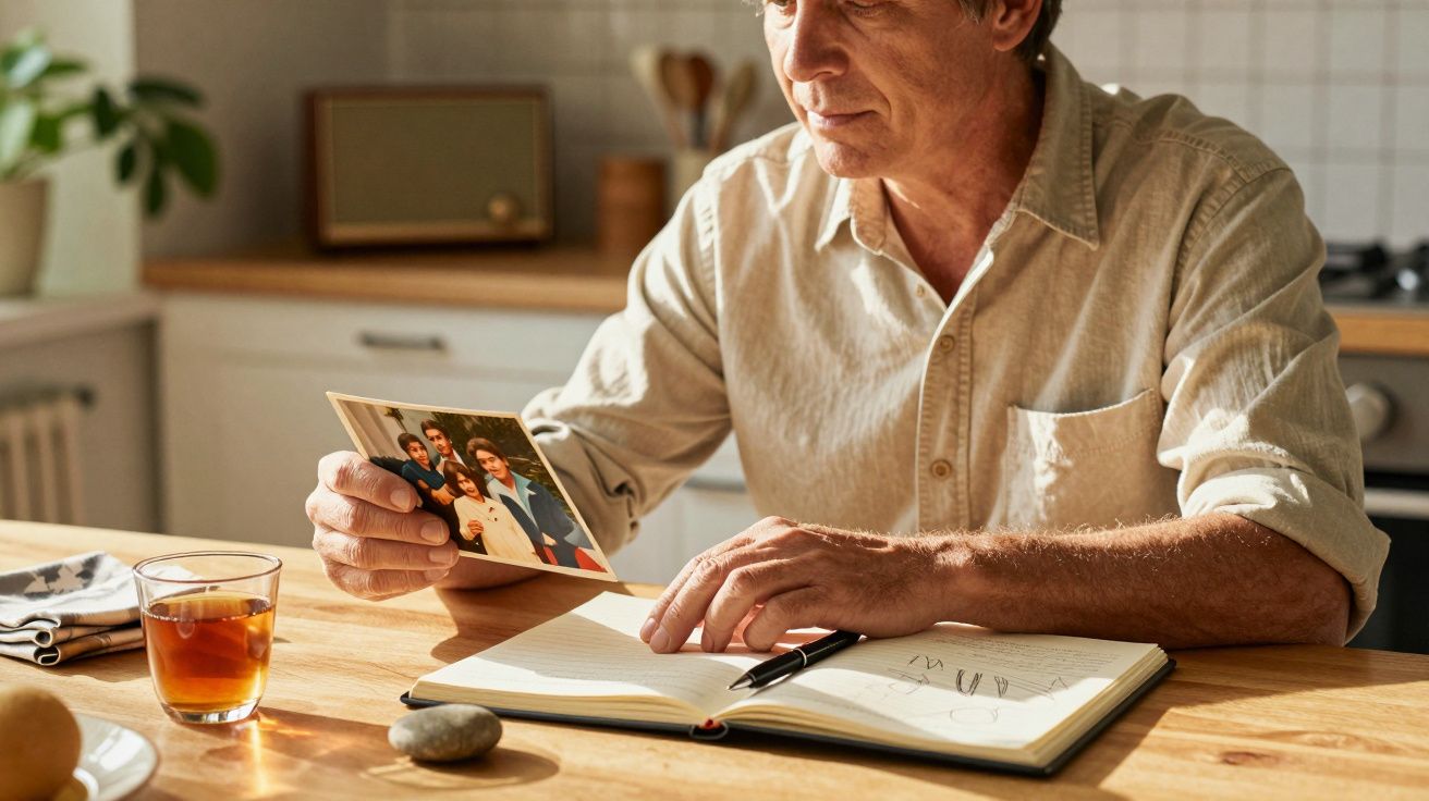 Bărbat în cămașă deschisă ținând o fotografie, cu un carnețel și un pahar cu ceai pe masă în bucătărie.