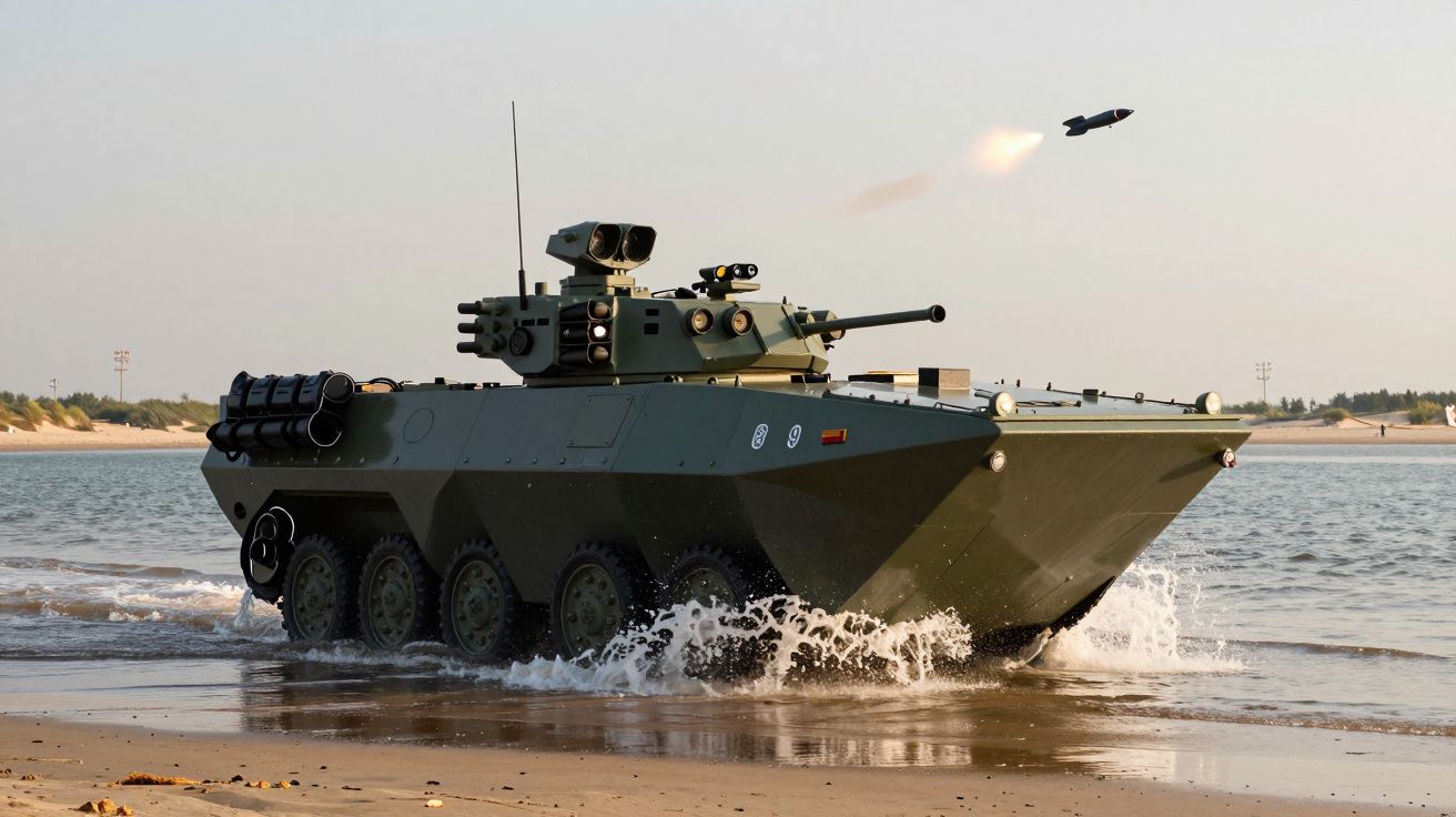 Vehicul blindat amfibiu pe plajă, trăgând un proiectil în aer.