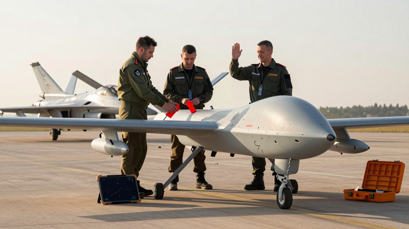 Trei militari inspectează o dronă mare pe pista unui aerodrom, cu avioane parcate în fundal.