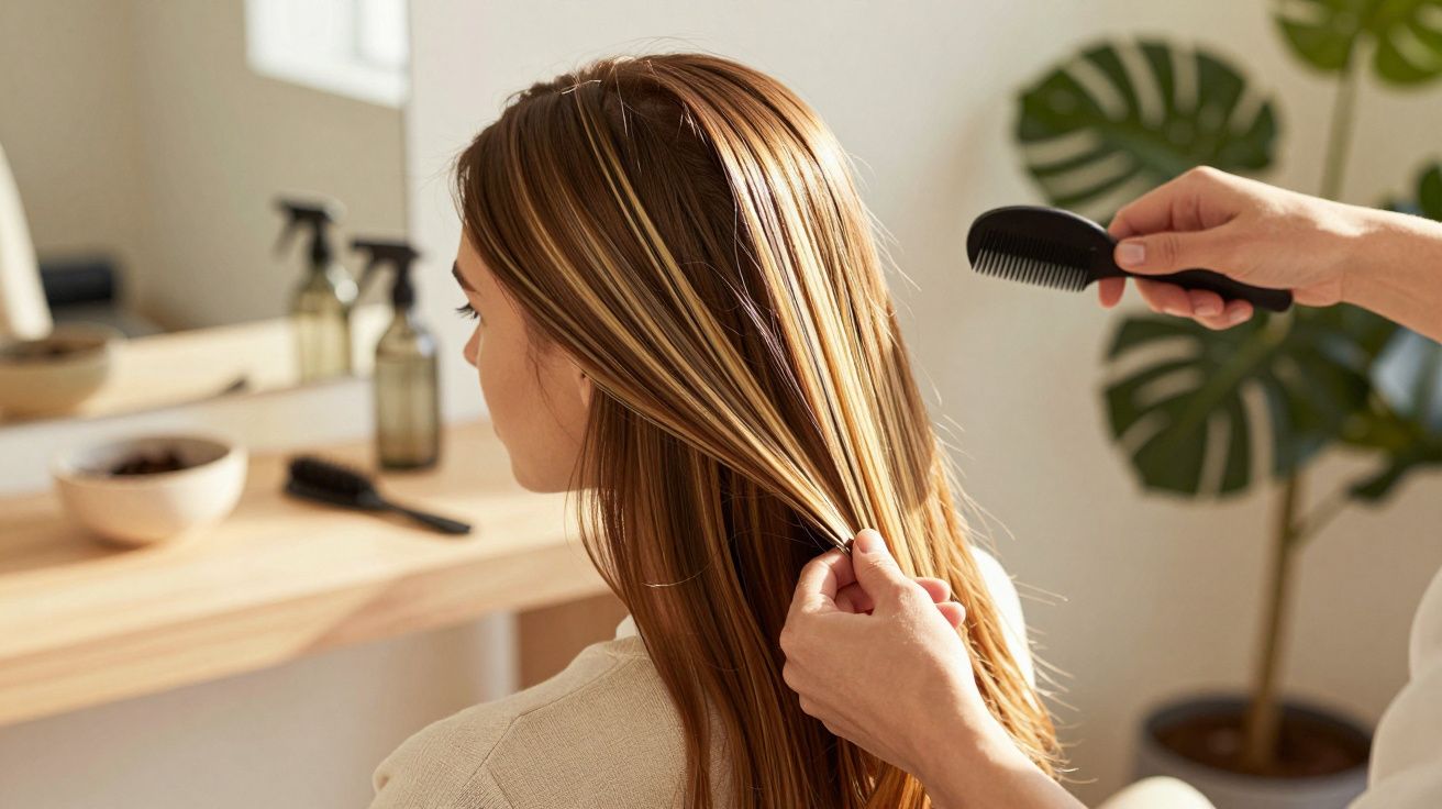 Persoană pieptănând părul unei femei într-un salon modern, cu plante decorative în fundal.