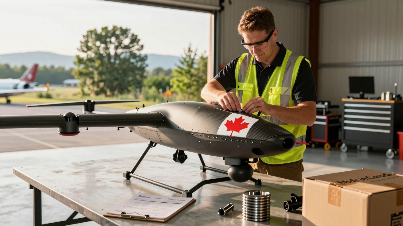 Persoană asamblând o dronă cu steagul Canadei într-un hangar, purtând vestă reflectorizantă și ochelari de protecție.