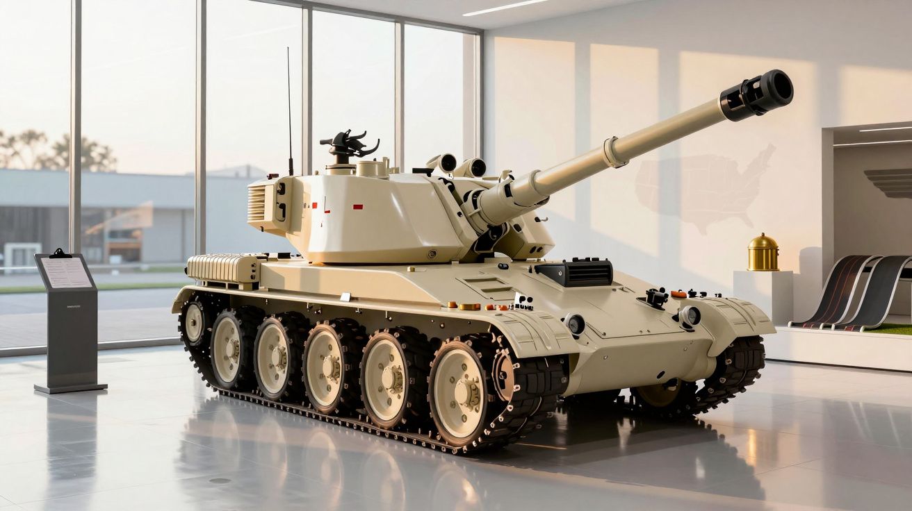 Tanc de culoare crem expus într-un showroom modern, cu pereți de sticlă și stand informativ alăturat.