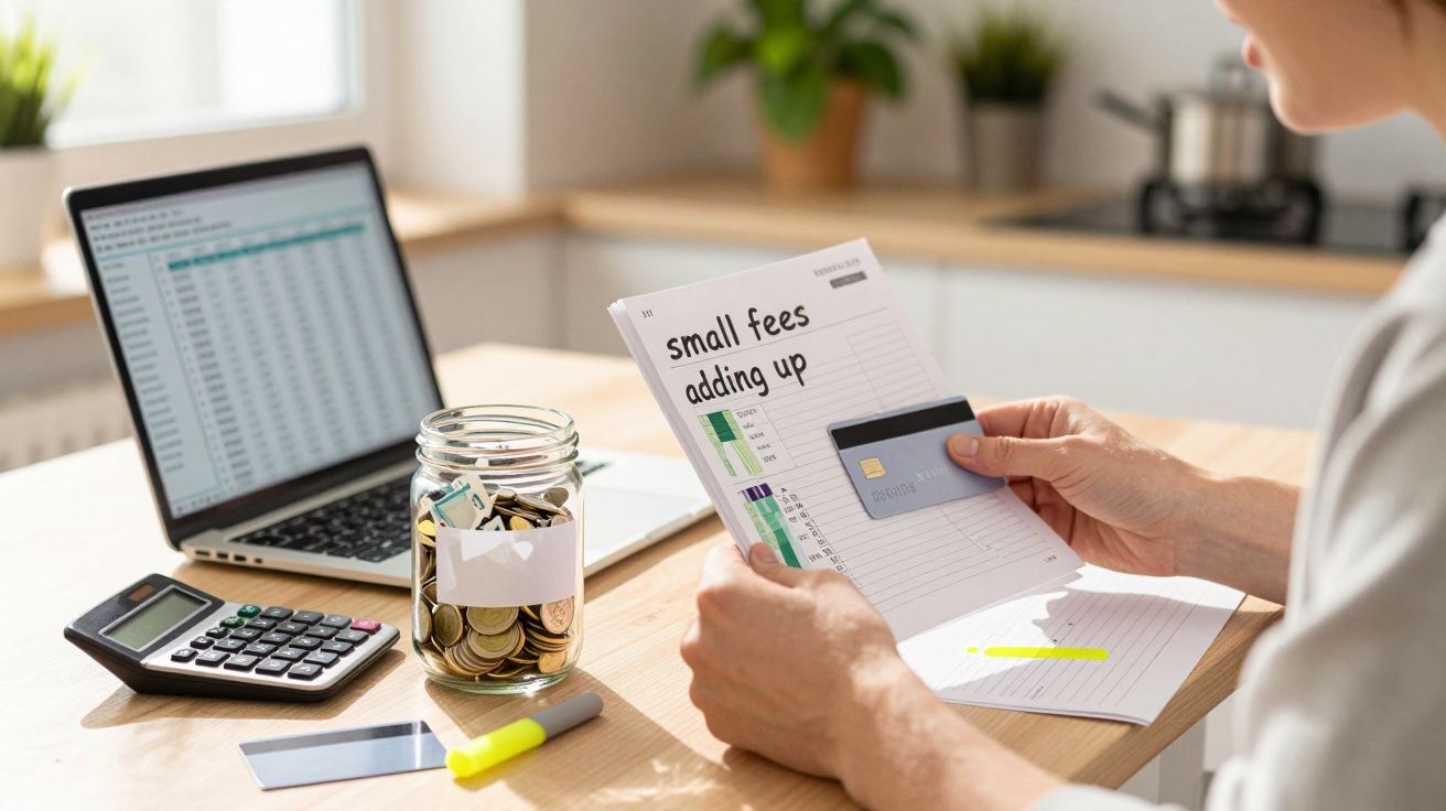 Persoană verificând documente financiare pe un birou, cu calculator, laptop și borcan de monede alături.