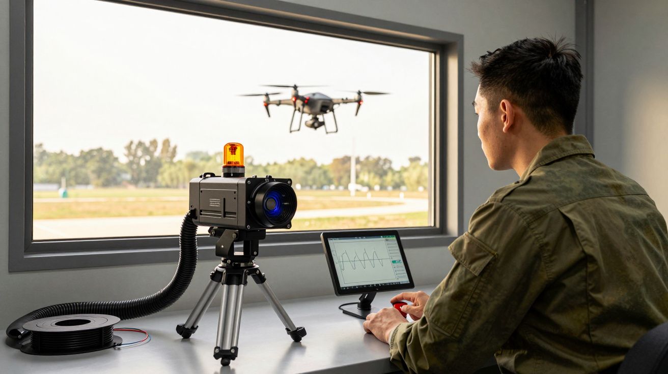 Persoană monitorizând un dron prin fereastră, cu un dispozitiv pe tripod și un laptop afișând date.