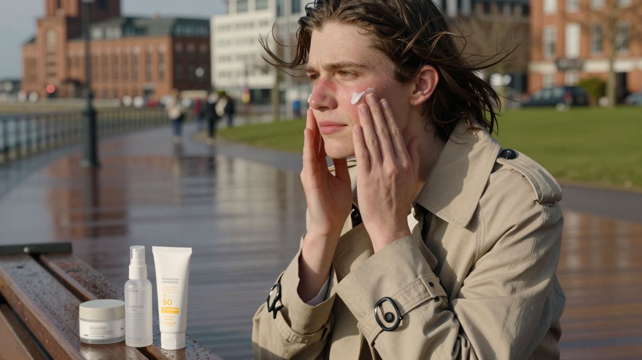 Persoană aplicând cremă pe față, pe o bancă lângă apă, cu produse cosmetice alături.