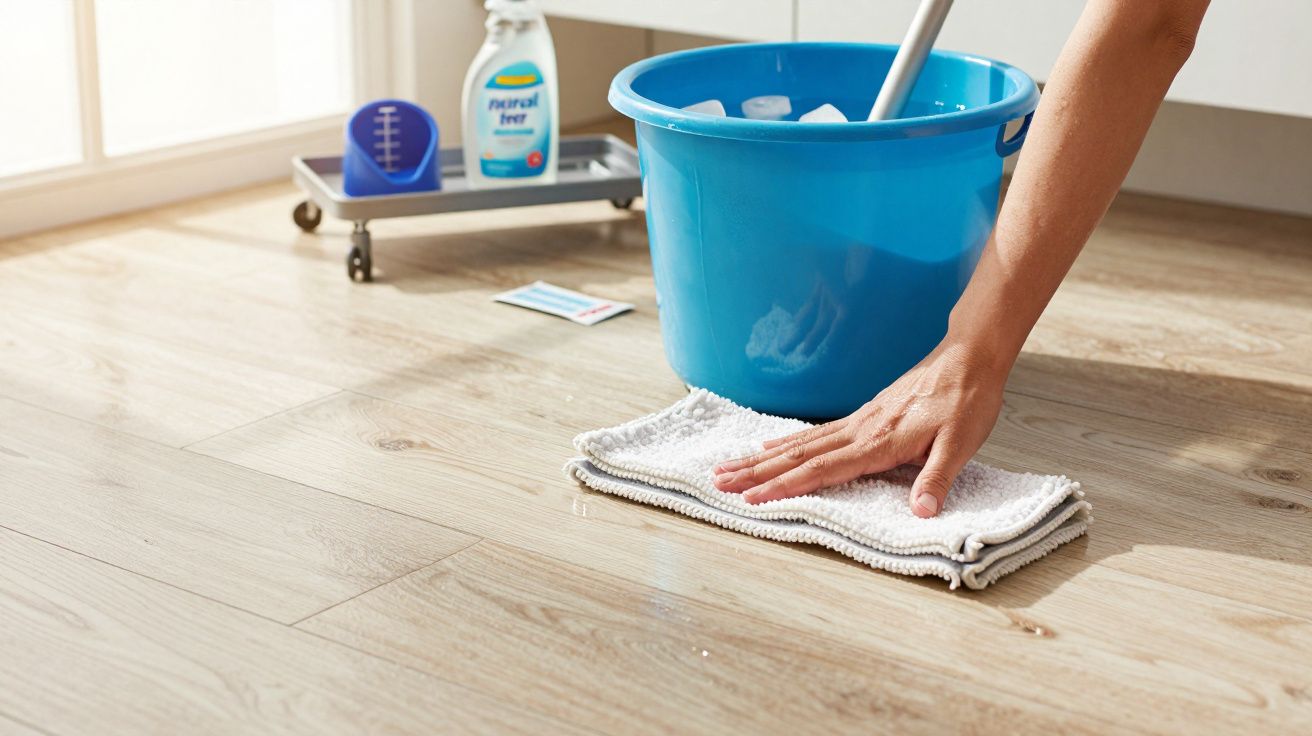 Mână curăță podeaua din lemn cu o cârpă umedă; găleată albastră și produse de curățat pe fundal.