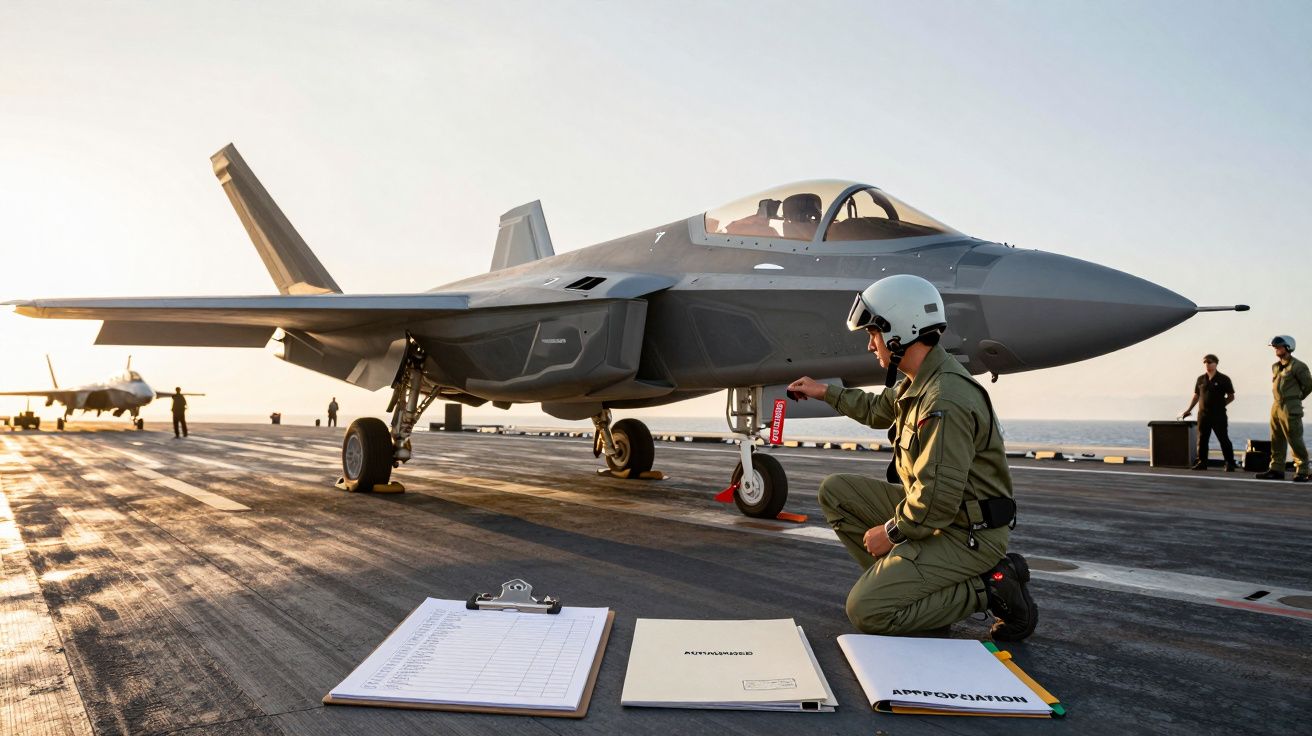 Avion de vânătoare pe un portavion cu un tehnician care inspectează echipamentul pe punte.