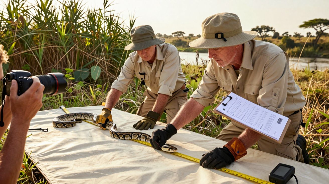 Doi cercetători măsoară un șarpe cu o bandă metrică în natură; un fotograf le face o poză.