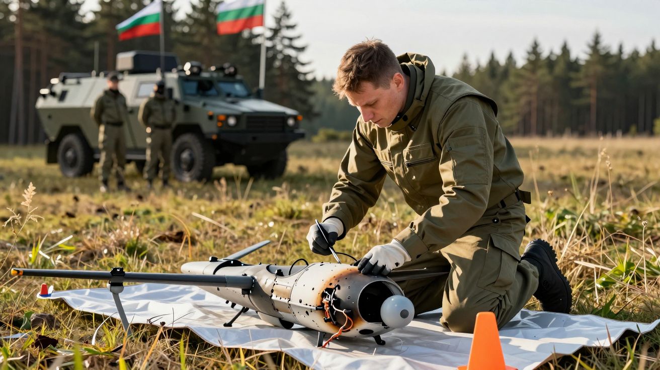 Soldat pregătind o dronă pe câmp; vehicul militar și steaguri în fundal.