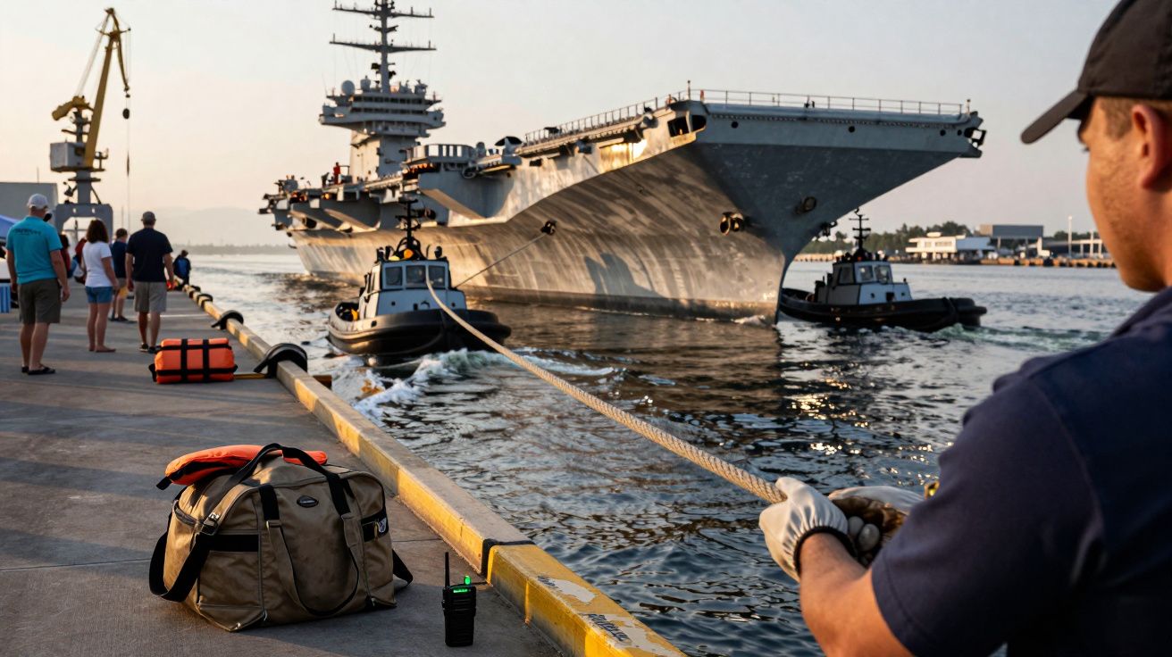 Un portavion uriaș este tras la doc de remorchere, cu oameni privind de pe chei, unde stau bagaje și echipamente.