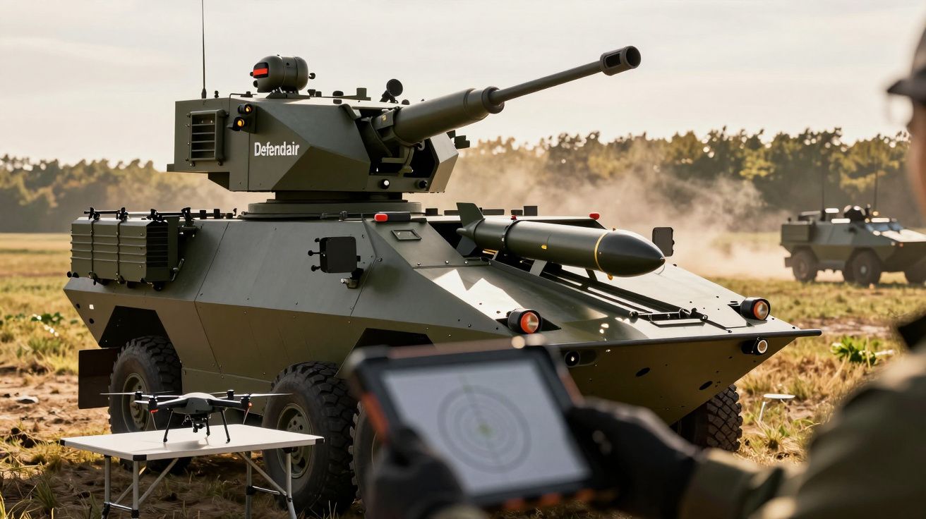 Vehicul militar echipat cu tun, dronă pe masă, soldat cu tabletă în mână, câmp deschis și pădure în fundal.