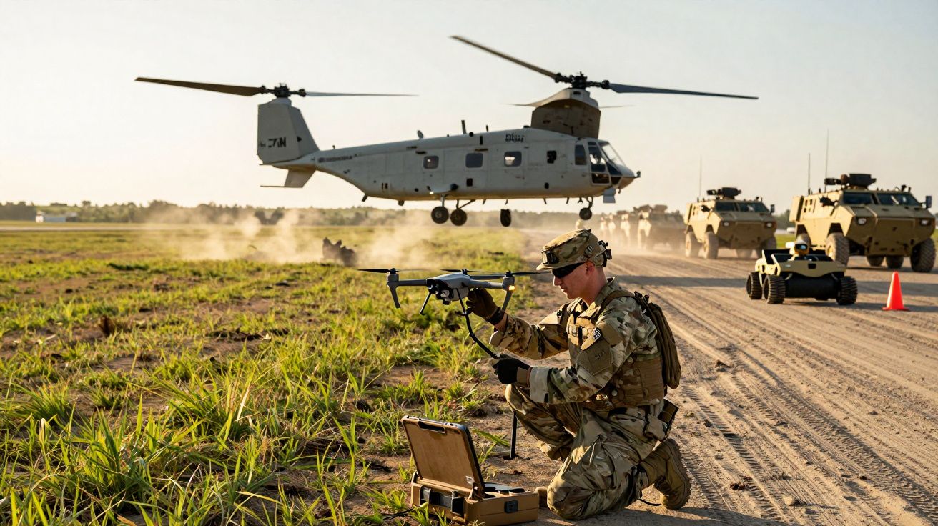 Soldat operează o dronă pe un câmp, cu un elicopter și vehicule militare în fundal.