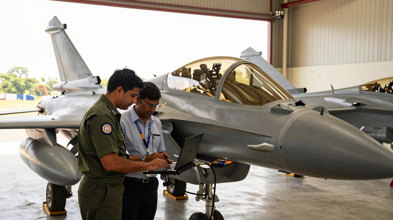 Doi bărbați verifică un laptop lângă un avion de luptă într-un hangar.