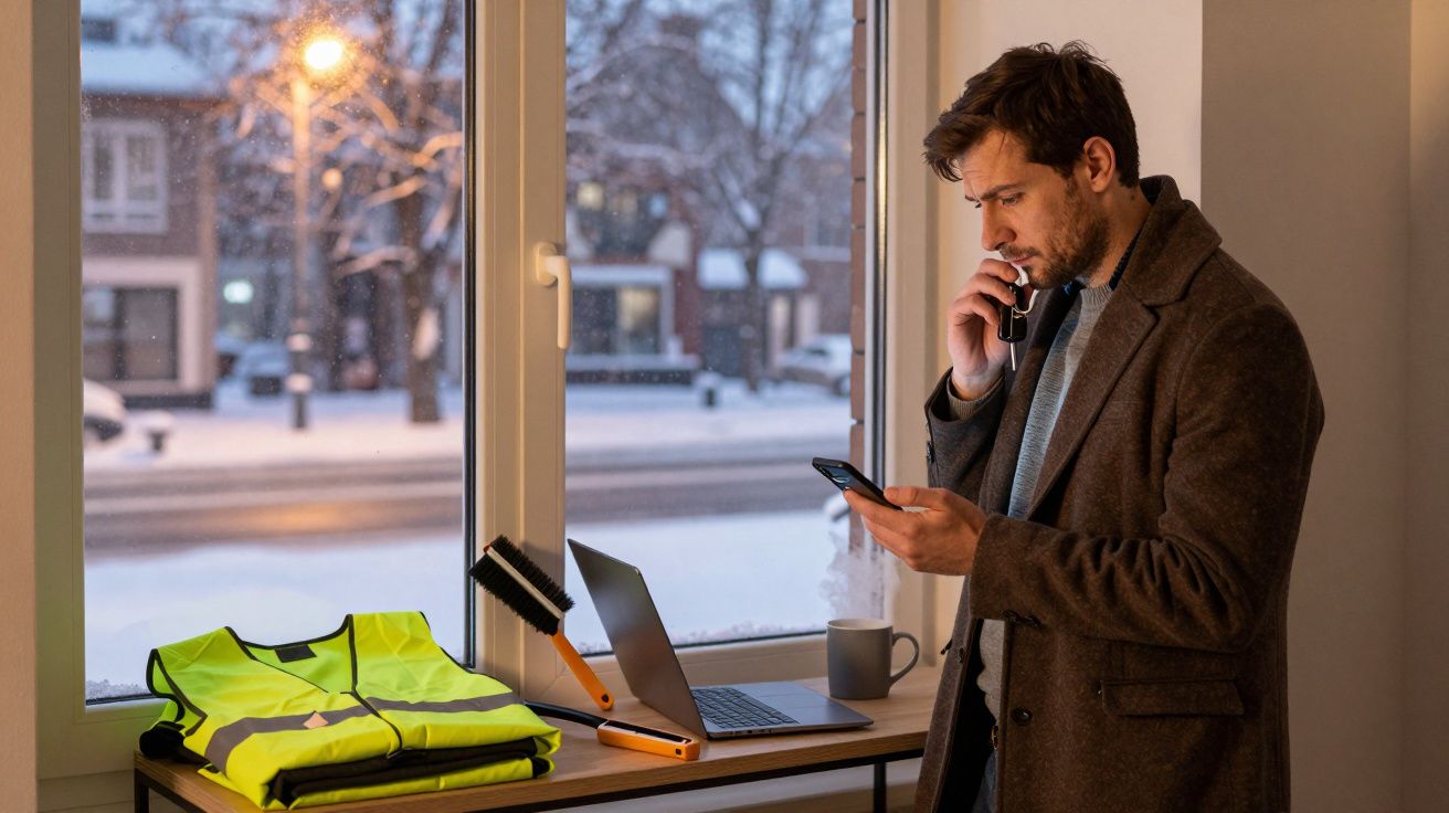 Bărbat îmbrăcat în palton, privind un telefon, lângă o fereastră cu zăpadă, lângă un laptop și o vestă reflectorizantă pe mas