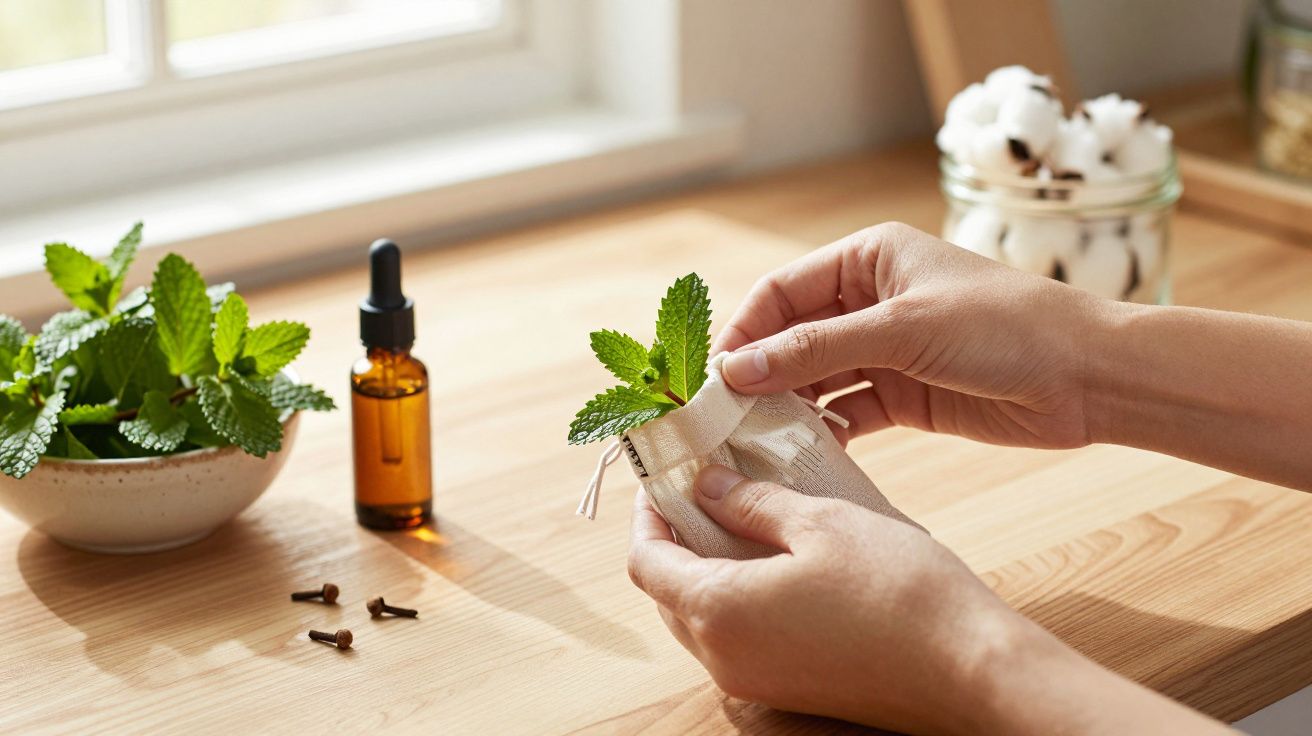 Mâini umplând un săculeț cu frunze de mentă pe o masă de lemn, lângă sticluță cu pipetă și plante.