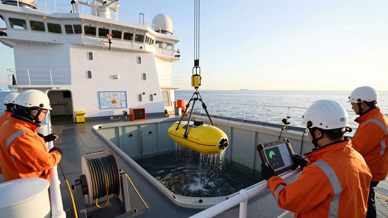 Trei muncitori pe un vas lansează un vehicul subacvatic galben în ocean, folosind un sistem de macara.