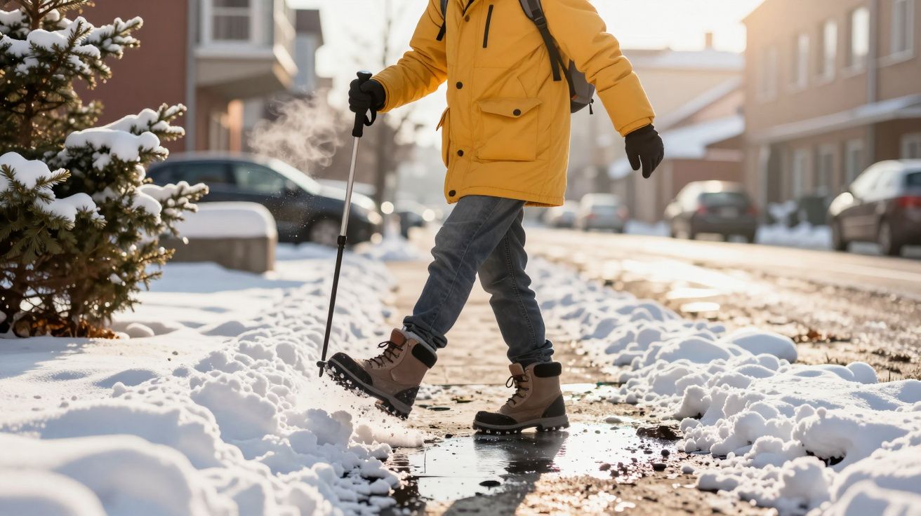 Persoană în haină galbenă, cu baston, mergând pe trotuar acoperit cu zăpadă într-un peisaj urban de iarnă.