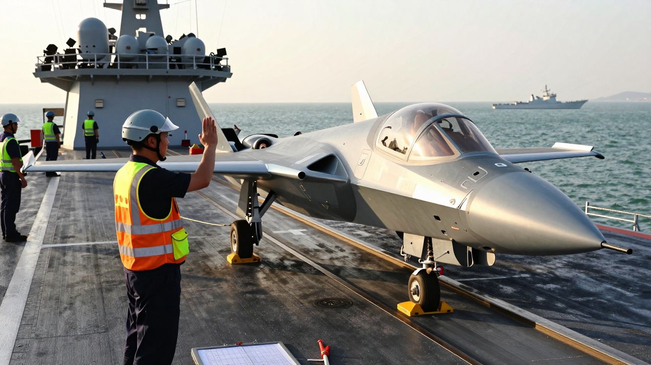 Jet de luptă pe puntea unui portavion cu personal militar, pe mare, în fundal un alt vas.