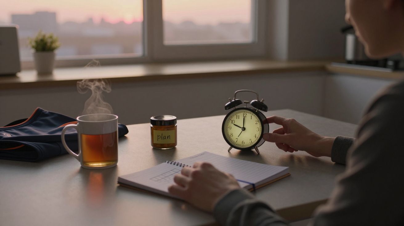 Persoană la birou cu ceas deșteptător, cană de ceai și caiet, lângă fereastră la răsărit.