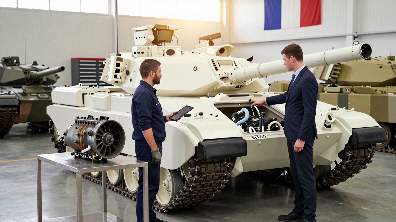 Doi bărbați discută lângă un tanc alb într-o fabrică, cu un steag francez pe peretele din spate.