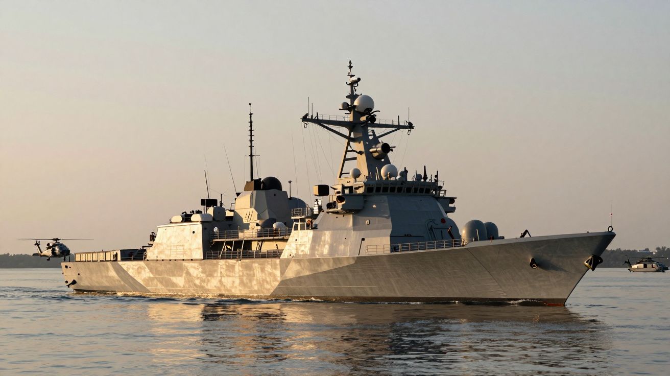 Navă de război modernă pe apă, la apus, cu elicopter la bord și antene radar vizibile.