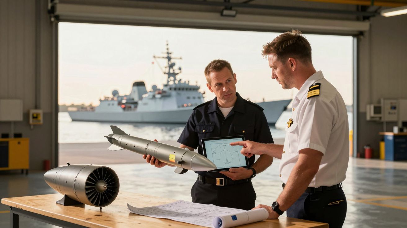 Doi ofițeri navală discută despre un model de rachetă și un motor într-un hangar, cu o navă în fundal.