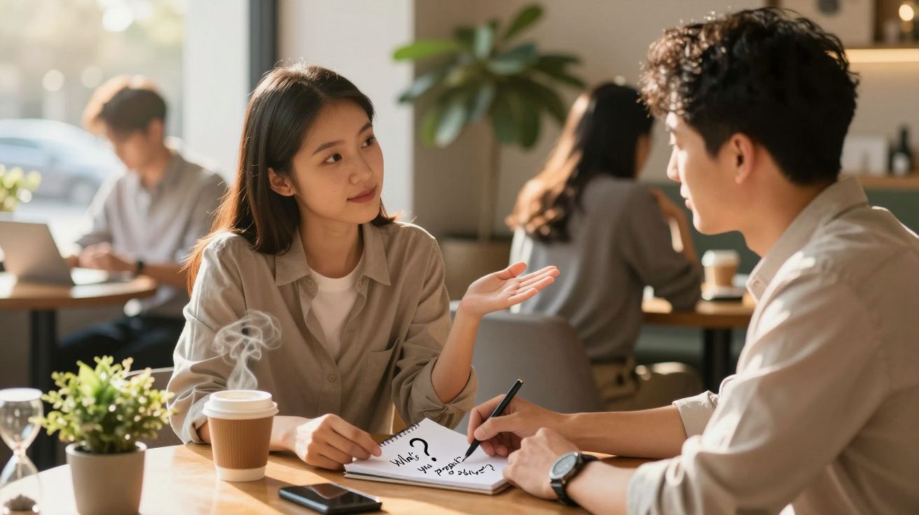 Două persoane discută la o cafenea, cu un caiet deschis între ele și o cafea pe masă.