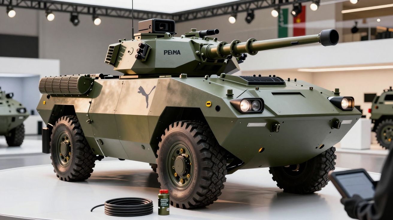 Vehicul blindat verde, model Puma, expus într-un showroom, cu un cablu și un recipient lângă.