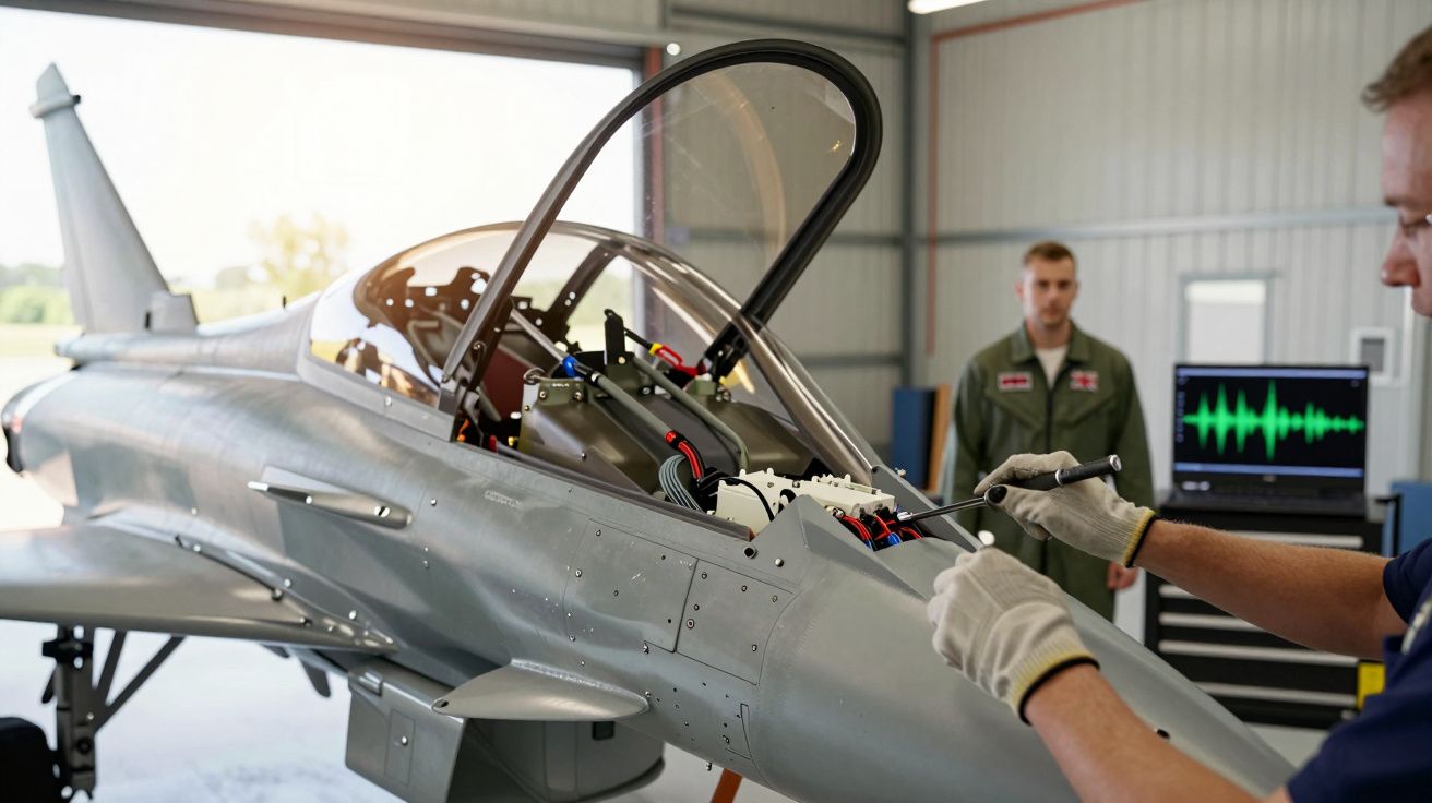 Tehnician reparând un avion de luptă într-un hangar, cu un militar asistând și un monitor afișând un grafic de sunet.