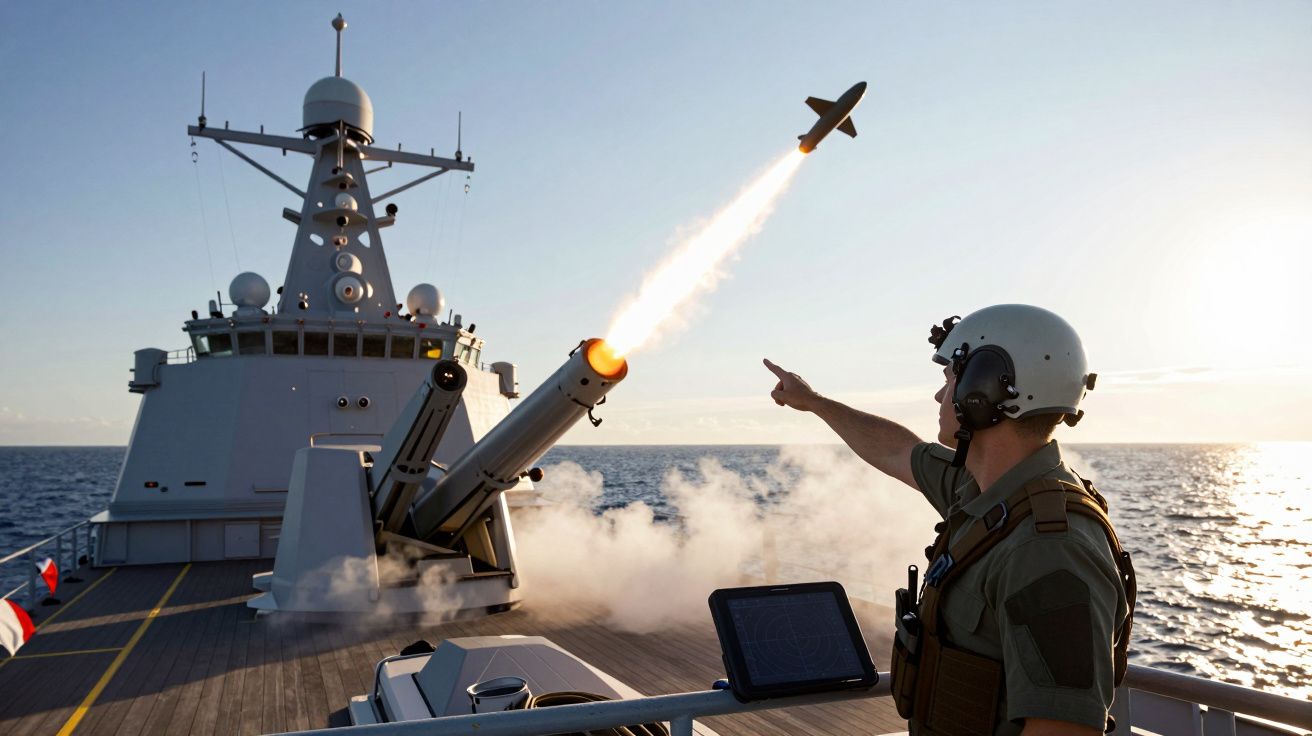 Soldat în echipament militar pe navă de război, supraveghind lansarea unei rachete pe mare la apus.