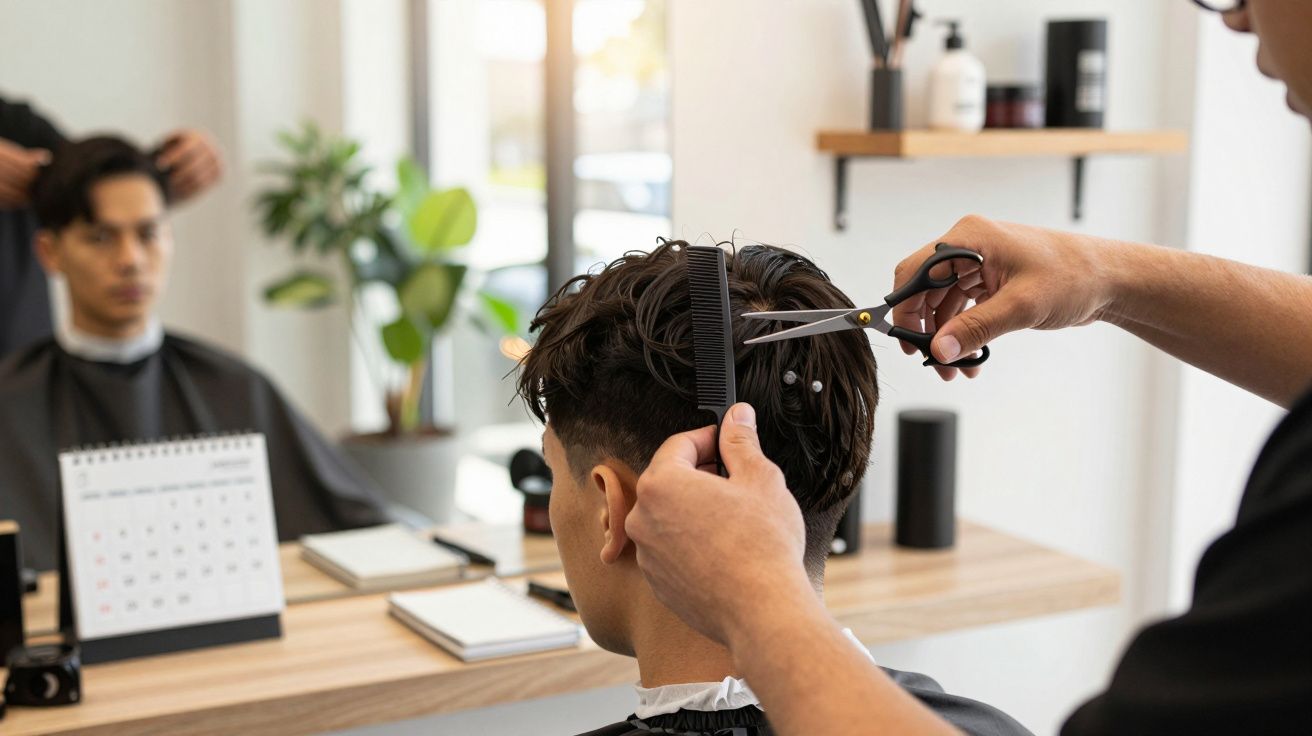 Frizer tundând părul unui bărbat într-un salon modern, cu decor minimalist și plante verzi pe masă.