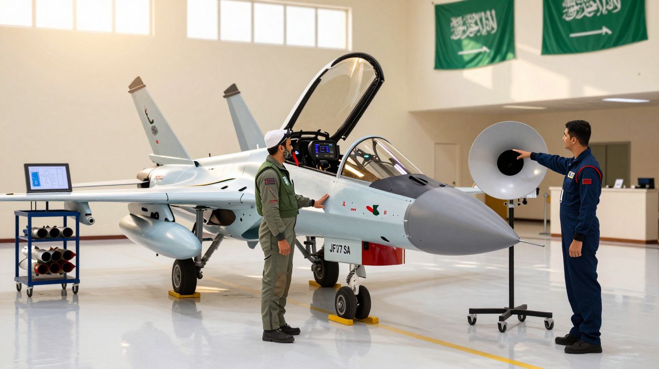 Doi tehnicieni inspectează un avion de luptă în hangar, cu un monitor și steaguri verzi în fundal.