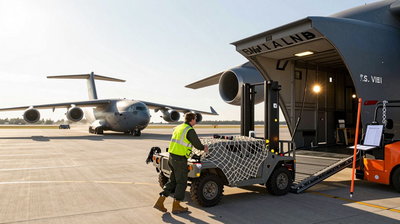 Persoană manevrând echipament într-un avion de transport militar, cu alt avion similar staționat pe pistă în fundal.