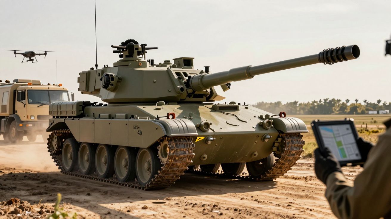 Tanc militar pe teren nisipos, cu un camion și o dronă în fundal. Un om cu tabletă în prim plan.