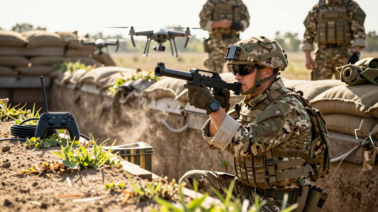 Soldat în uniformă camuflată, cu un pistol, supraveghează un drone în tranșee.