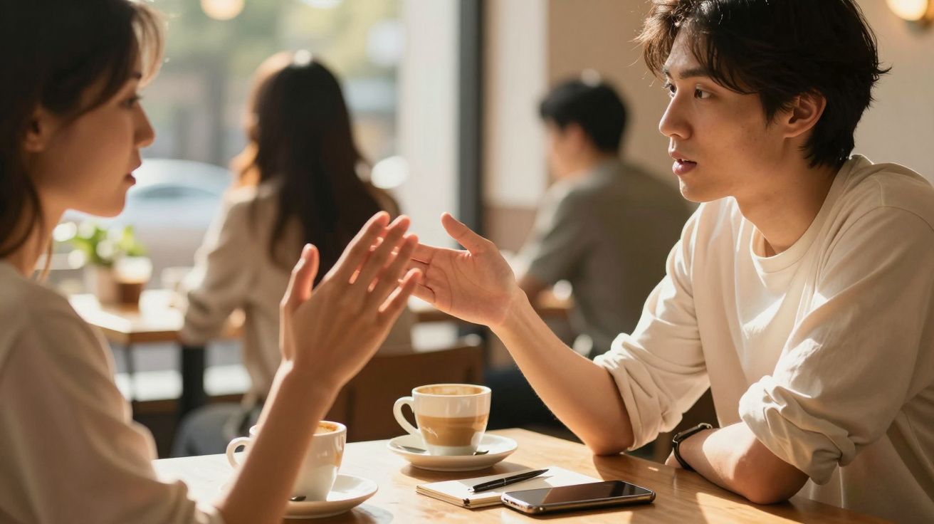 Doi tineri discută la o cafenea, având cești de cafea pe masă și un telefon mobil.