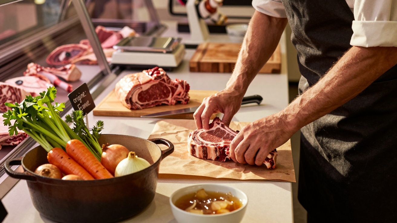 Bucătar taie carne pentru friptură, legume și supă pe masă, în bucătărie.