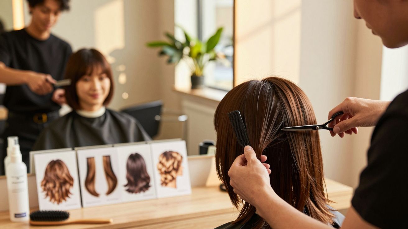 Două persoane coafate la un salon de înfrumusețare, privind un afiș cu stiluri de coafură pe masa din fața oglinzii.