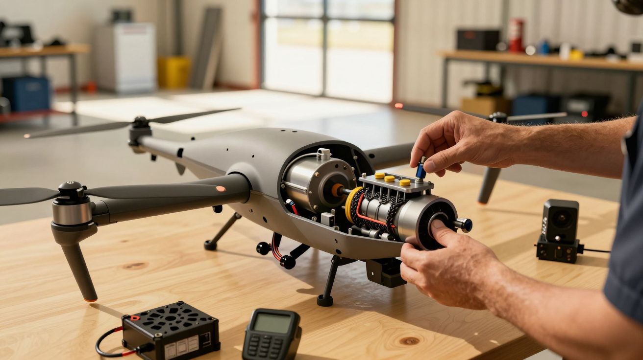 Un bărbat repară un dronă pe o masă din lemn, cu unelte și componente electronice în jur.