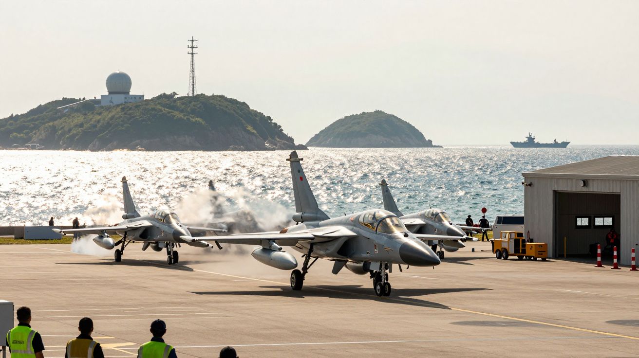 Avioane de luptă pe pistă, cu oceanul și o insulă în fundal; clădire și personal la marginea pistei.