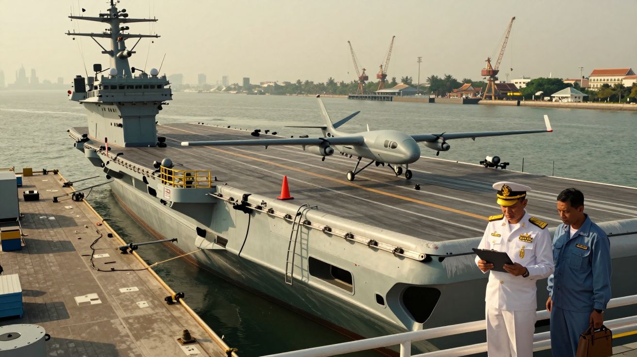 Portavion cu dronă pe punte, doi ofițeri discută pe chei, iar în fundal se văd macarale și clădiri urbane.