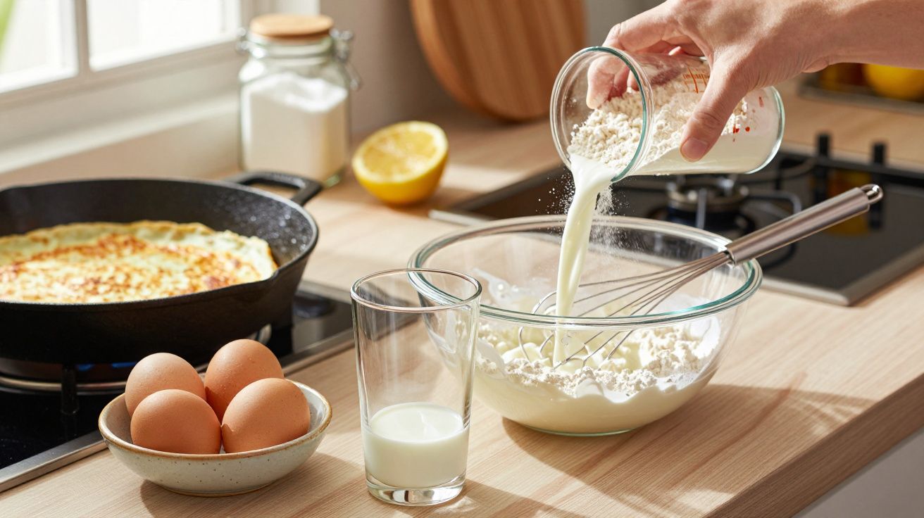 Mâna unei persoane toarnă lapte în făină într-un bol pe un blat de bucătărie cu ouă și o clătită pe aragaz.